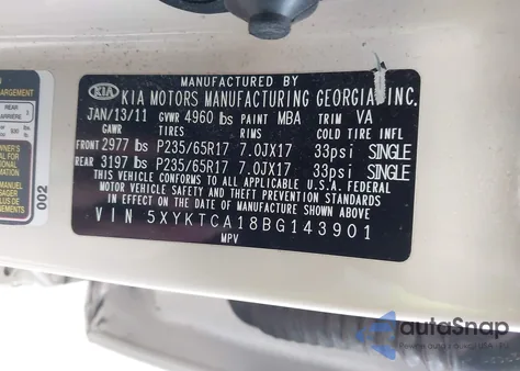 2011 Kia Sorento Lx from USA, damaged, VIN 5XYKTCA18BG143901